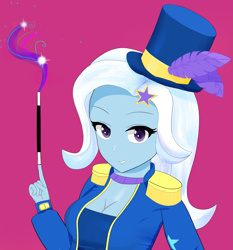 Size: 1799x1927 | Tagged: safe, alternate version, artist:toffrox, imported from derpibooru, trixie, equestria girls, street magic with trixie, spoiler:eqg series (season 2), cropped, feather, female, hat, looking at you, magic, magic wand, smiling, solo, top hat