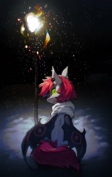 Size: 1293x2048 | Tagged: safe, artist:swaybat, imported from derpibooru, oc, oc only, bat pony, pony, bat pony oc, blood, clothes, ear piercing, earring, jewelry, looking at you, looking back, looking back at you, piercing, scarf, snow, solo