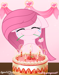 Size: 747x948 | Tagged: safe, artist:tanahgrogot, imported from derpibooru, oc, oc only, oc:annisa trihapsari, earth pony, pony, 2022, birthday cake, cake, crying, eyes closed, female, flower, food, happy birthday, indonesia, indonesian, mare, medibang paint, smiling, solo, strawberry, tears of joy