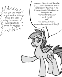 Size: 612x759 | Tagged: safe, artist:vareb, imported from derpibooru, rainbow dash, pegasus, pony, dialogue, looking at you, pointing, pun, sketch, smiling, smug, smugdash, solo, talking to viewer, text