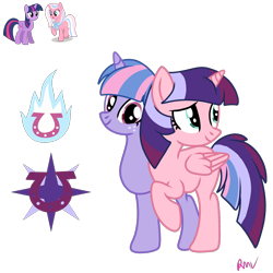 Size: 2048x2048 | Tagged: safe, artist:rmv-art, imported from derpibooru, clear sky, twilight sparkle, wind sprint, alicorn, pony, unicorn, conjoined, conjoined twins, magical lesbian spawn, offspring, parent:clear sky, parent:twilight sparkle, simple background, transparent background, twilight sparkle (alicorn)