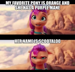 Size: 715x695 | Tagged: safe, edit, edited screencap, imported from derpibooru, screencap, sunny starscout, earth pony, pony, spoiler:my little pony: a new generation, caption, g5, image macro, implied scootaloo, meme, my little pony: a new generation, sunny starscout is not amused, text