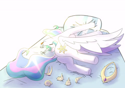 Size: 8598x6071 | Tagged: safe, artist:wirlog, imported from derpibooru, princess celestia, alicorn, pony, absurd resolution, bed, butt, cute, cutelestia, dock, eyes closed, female, lying down, majestic as fuck, mare, on side, pillow, plot, sillestia, silly, silly pony, simple background, sleeping, solo, sunbutt, tail, tongue out, white background