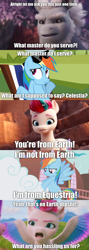 Size: 1280x3600 | Tagged: safe, edit, edited screencap, imported from derpibooru, screencap, rainbow dash, zipp storm, pegasus, pony, unicorn, spoiler:my little pony: a new generation, alphabittle blossomforth, avengers, avengers: infinity war, caption, comic, g4, g5, image macro, implied princess celestia, my little pony: a new generation, rainbow dumb, screencap comic, shrug, text, vulgar