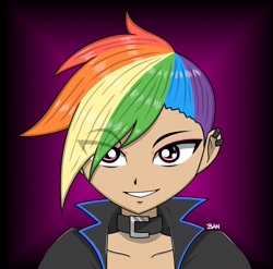 Size: 1539x1521 | Tagged: safe, artist:banquo0, imported from derpibooru, rainbow dash, human, bust, choker, clothes, ear piercing, earring, eye clipping through hair, humanized, jewelry, piercing, solo