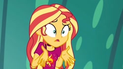 Size: 1280x720 | Tagged: safe, imported from derpibooru, screencap, sunset shimmer, equestria girls, equestria girls series, spring breakdown, spoiler:eqg series (season 2), clothes, cruise outfit, shrunken pupils, solo