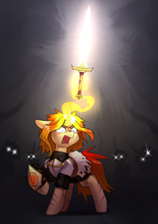 Size: 2480x3508 | Tagged: safe, artist:underpable, imported from derpibooru, oc, oc:scorching storm, pony, unicorn, armor, clothes, commission, fantasy class, glowing, glowing eyes, knight, magic, open mouth, paladin, scar, shadows, shield, silhouette, solo focus, sword, telekinesis, warrior, weapon, white eyes