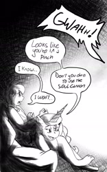 Size: 1200x1920 | Tagged: safe, artist:wirlog, imported from derpibooru, princess celestia, oc, alicorn, human, pony, black and white, controller, dialogue, duo, female, grayscale, human on pony snuggling, male, mare, monochrome, snuggling, speech bubble