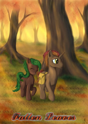 Size: 2893x4092 | Tagged: safe, artist:rameslack, imported from derpibooru, oc, oc only, earth pony, pony, unicorn, bag, fanfic, fanfic art, fanfic cover, forest, saddle bag, tree