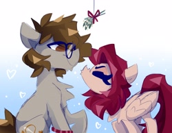 Size: 3219x2500 | Tagged: safe, artist:nekosnicker, imported from derpibooru, oc, oc only, oc:crimm harmony, oc:stitched laces, earth pony, pegasus, pony, glasses, heart, kissing, mistletoe, stimony