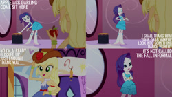 Size: 1280x720 | Tagged: safe, edit, edited screencap, editor:quoterific, imported from derpibooru, screencap, applejack, rarity, eqg summertime shorts, equestria girls, make up shake up, apple, bare shoulders, boots, bracelet, cowboy hat, crossed arms, darling, duo, duo female, eyes closed, fall formal outfits, female, food, hat, jewelry, open mouth, shoes, sleeveless, strapless