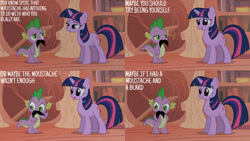 Size: 1280x720 | Tagged: safe, edit, edited screencap, editor:quoterific, imported from derpibooru, screencap, spike, twilight sparkle, dragon, pony, unicorn, boast busters, season 1, duo, facial hair, female, golden oaks library, male, mare, moustache, open mouth, open smile, smiling, unicorn twilight