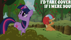 Size: 1280x720 | Tagged: safe, edit, edited screencap, editor:quoterific, imported from derpibooru, screencap, applejack, twilight sparkle, earth pony, pony, unicorn, lesson zero, season 2, apple, apple tree, duo, female, food, helmet, mare, smiling, tree, unicorn twilight