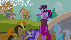 Size: 1280x720 | Tagged: safe, edit, edited screencap, editor:quoterific, imported from derpibooru, screencap, berry punch, berryshine, carrot top, doctor whooves, golden harvest, linky, sea swirl, seafoam, shoeshine, time turner, tornado bolt, twilight sparkle, earth pony, pegasus, pony, unicorn, it's about time, season 2, bridge, eyes closed, female, filly, foal, glasses, groucho mask, male, mare, stallion, unicorn twilight
