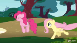 Size: 640x360 | Tagged: safe, imported from derpibooru, screencap, fluttershy, pinkie pie, earth pony, pegasus, pony, dragonshy, season 1, ^^, animated, cute, diapinkes, duo, eyes closed, female, gif, gifs.com, jumping, mare, open mouth, open smile, running, smiling, tree