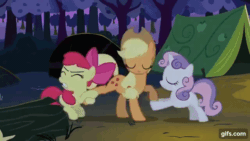 Size: 640x360 | Tagged: safe, imported from derpibooru, screencap, apple bloom, applejack, sweetie belle, earth pony, pony, unicorn, season 2, sisterhooves social, animated, apple bloom's bow, applejack's hat, bow, cowboy hat, eyes closed, female, filly, foal, gif, gifs.com, hair bow, hat, mare, night, open mouth, smiling, tent, tree