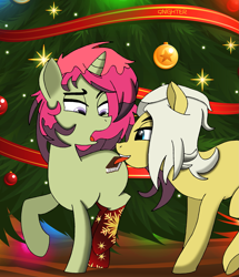 Size: 2227x2593 | Tagged: safe, artist:qnighter, imported from derpibooru, oc, oc:azha magna, oc:spicy flavor, earth pony, unicorn, christmas, christmas tree, clothes, cutie mark, holiday, licking, lights, open mouth, socks, surprised, tongue out, tree, wooden floor