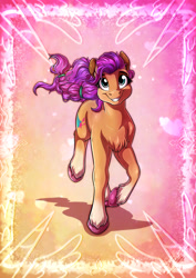 Size: 3508x4961 | Tagged: safe, artist:lupiarts, imported from derpibooru, sunny starscout, earth pony, pony, chest fluff, coat markings, cute, digital art, ear fluff, eyebrows, eyelashes, female, g5, galloping, grin, happy, looking at you, mare, my little pony: a new generation, poster, smiling, smiling at you, socks (coat markings), solo, sunnybetes, unshorn fetlocks