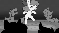 Size: 1280x720 | Tagged: safe, artist:tjpones, imported from derpibooru, apple bloom, diamond tiara, silver spoon, earth pony, pony, animated, bipedal, black and white, dancing, female, filly, foal, grayscale, implied scootaloo, implied sweetie belle, monochrome, silhouette, sound, webm