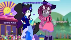 Size: 1184x672 | Tagged: safe, artist:teonnakatztkgs, edit, edited screencap, imported from derpibooru, screencap, oc, oc only, equestria girls, clothes, dress, ethereal mane, female, hand on hip, outdoors, smiling, starry mane, sunglasses