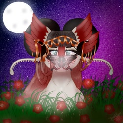 Size: 1500x1500 | Tagged: safe, artist:teonnakatztkgs, imported from derpibooru, oc, oc only, butterfly, pony, bust, commission, female, flower, full moon, glasses, mare, moon, night, outdoors, rose, ych result