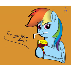 Size: 2400x2400 | Tagged: safe, artist:habiepon3, imported from derpibooru, rainbow dash, pegasus, pony, 20% cooler, bust, cute, dashabetes, dialogue, drink, drinking straw, eyebrows, eyebrows visible through hair, female, food, high res, indonesia, looking at you, mare, mouth hold, offering, simple background, smiling, smiling at you, solo, straw, straw in mouth, tea, teh kotak