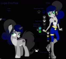 Size: 1988x1800 | Tagged: safe, artist:teonnakatztkgs, imported from derpibooru, oc, oc only, unicorn, equestria girls, black background, boots, equestria girls-ified, female, grin, horn, paw prints, reference sheet, shoes, simple background, smiling, unicorn oc