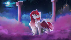 Size: 3840x2160 | Tagged: safe, artist:hierozaki, imported from derpibooru, oc, oc only, oc:making amends, pegasus, pony, chest fluff, cloud, cloudsdale, full moon, moon, night, solo, spread wings, wings