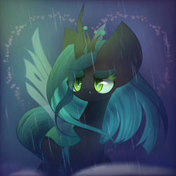 Size: 2200x2200 | Tagged: source needed, safe, artist:miryelis, imported from derpibooru, queen chrysalis, changeling, pony, crown, cute, cutealis, hair, heart, jewelry, looking at something, rain, regalia, sad, sadorable, simple background, smiling, solo, standing, wings