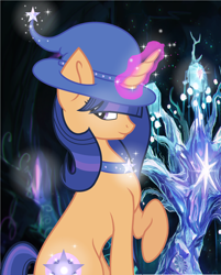 Size: 2160x2684 | Tagged: safe, artist:x-dainichi-x, imported from derpibooru, tree of harmony, oc, oc only, pony, unicorn, base used, glowing, glowing horn, hat, horn, offspring, parent:flash sentry, parent:twilight sparkle, parents:flashlight, raised hoof, unicorn oc, witch hat