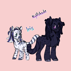 Size: 2000x2000 | Tagged: safe, artist:orphicswanart, imported from derpibooru, oc, oc:iris, oc:nightshade, hybrid, pony, alternate universe, au:chaoticverse, interspecies offspring, offspring, parent:capper dapperpaws, parent:zecora, parents:cappercora, pink background, simple background, solo