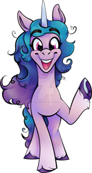 Size: 1280x2398 | Tagged: safe, artist:ghastlyghoulz, imported from derpibooru, izzy moonbow, pony, unicorn, bucktooth, cute, deviantart watermark, g5, hi new friend, izzybetes, my little pony: a new generation, obtrusive watermark, open mouth, raised hoof, simple background, smiling, solo, transparent background, underhoof, unshorn fetlocks, watermark, waving