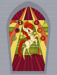 Size: 2400x3200 | Tagged: safe, artist:sixes&sevens, imported from derpibooru, apple bloom, earth pony, pony, braid, fanfic, fanfic art, fanfic cover, female, older, older apple bloom, rearing, solo, stained glass, train