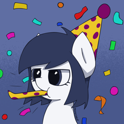 Size: 1768x1768 | Tagged: safe, artist:monycaalot, imported from derpibooru, oc, oc:michel tusche, pony, birthday, confetti, hat, party hat, party horn, solo