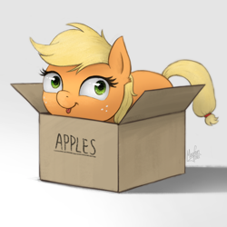 Size: 1000x1000 | Tagged: safe, artist:magfen, imported from derpibooru, applejack, earth pony, pony, :p, box, cute, female, freckles, hatless, if i fits i sits, jackabetes, mare, missing accessory, pony in a box, silly, silly pony, simple background, solo, tongue out, weapons-grade cute, white background, who's a silly pony, ych example, your character here