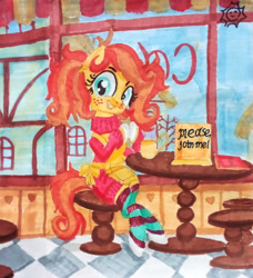 Size: 1280x1404 | Tagged: safe, artist:magnifsunspiration, imported from derpibooru, oc, oc only, oc:smiling sun, earth pony, pony, clothes, earth pony oc, female, grin, mare, pigtails, sitting, smiling, solo, stool, table, traditional art, twintails