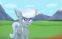 Size: 4260x2700 | Tagged: safe, artist:toxinagraphica, imported from derpibooru, silver spoon, cloud pony, earth pony, pony, cheek fluff, chest fluff, cloud, dead space, ear fluff, elastic, eyebrows, eyelashes, female, fluffy, glasses, grass, high res, hill, mare, marker (dead space), mountain, obelisk, open mouth, red light, shocked, solo, surprised, tree