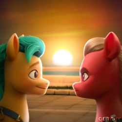 Size: 1080x1080 | Tagged: safe, edit, edited screencap, editor:theglitchyme, imported from derpibooru, screencap, hitch trailblazer, sprout cloverleaf, earth pony, pony, duo, duo male, g5, gay, hitchsprout, looking at each other, looking at someone, male, maretime bay, my little pony: a new generation, shipping, stallion, sunset