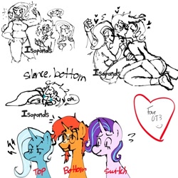 Size: 640x640 | Tagged: safe, artist:isoponds, imported from derpibooru, starlight glimmer, sunburst, trixie, human, pony, unicorn, bisexual, female, femdom, glasses, heart, humanized, kissing, lesbian, male, malesub, polyamory, shipping, smiling, starburst, startrix, startrixburst, straight, submissive, sunburst gets all the mares, sunburst's glasses, trixburst