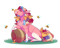 Size: 2000x1600 | Tagged: safe, artist:uunicornicc, imported from derpibooru, oc, bee, earth pony, insect, pony, female, food, honey, jar, mare, simple background, solo, transparent background