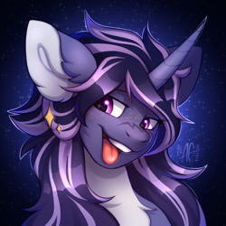 Size: 3000x3000 | Tagged: safe, artist:argigen, imported from derpibooru, oc, pony, unicorn, bust, colored ears, freckles, horn, open mouth, pale belly, portrait, solo, tongue out, unicorn oc