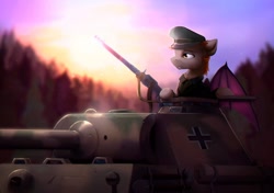 Size: 2048x1438 | Tagged: safe, artist:itssim, imported from derpibooru, oc, oc only, oc:devin, bat pony, pony, equestria at war mod, actual historical footage, ammunition, ammunition belt, axis, balkenkreuz, bat pony oc, bat wings, camouflage, clothes, commander, eastern front, forest, german, gun, hat, itssim is trying to murder us, lapel, lighting, looking at something, machine gun, male, military, morning, panther (tank), panzer, panzer division, scenery, scenery porn, sky, solo, stallion, sun, sunlight, sunrise, tank (vehicle), tree, turret, uniform, war, war thunder, weapon, wehrmacht, wings, world war ii, yellow eyes