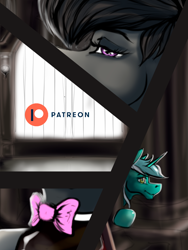 Size: 900x1200 | Tagged: safe, artist:stirren, imported from derpibooru, lyra heartstrings, octavia melody, earth pony, unicorn, advertisement, bedroom eyes, bowtie, duo, latex, looking at you, patreon, patreon logo, teaser