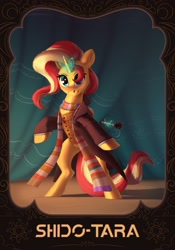 Size: 1668x2388 | Tagged: safe, artist:alrumoon_art, artist:shido-tara, imported from derpibooru, sunset shimmer, pony, unicorn, equestria girls, bipedal, clothes, coat, cosplay, costume, crossover, doctor who, fourth doctor, fourth doctor's scarf, magic, magic aura, scarf, smiling, solo, sonic screwdriver, striped scarf, sunset cosplay flashmob