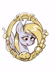 Size: 1200x1600 | Tagged: safe, artist:noupie, imported from derpibooru, derpy hooves, pony, bust, food, horseshoes, jewelry, muffin, portrait, simple background, solo, white background