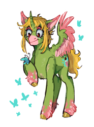 Size: 1279x1727 | Tagged: safe, artist:karamboll, imported from derpibooru, oc, oc:soft breeze, alicorn, pony, colored, curly hair, ear piercing, earring, eyelashes, green fur, jewelry, makeup, male, piercing, sketch, spread wings, wings