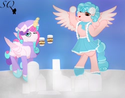 Size: 3636x2864 | Tagged: safe, artist:snow quill, imported from derpibooru, cozy glow, princess flurry heart, a better ending for cozy, boots, clothes, coffee cup, commission, cozyheart, cup, earmuffs, evil grin, eyeroll, female, flying, grin, hat, lesbian, magic, scarf, shipping, shoes, skirt, smiling, snow, snowball, socks, telekinesis, walking, winter, winter hat, winter outfit