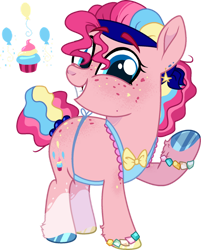 Size: 1280x1593 | Tagged: safe, artist:rickysocks, imported from derpibooru, pinkie pie, earth pony, pony, alternate design, apron, balloon, bracelet, chubby, clothes, cupcake, food, freckles, gritted teeth, jewelry, looking at you, simple background, solo, transparent background