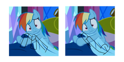 Size: 800x400 | Tagged: safe, edit, edited screencap, imported from derpibooru, screencap, rainbow dash, pegasus, pony, do princesses dream of magic sheep, anatomy, bed, scared