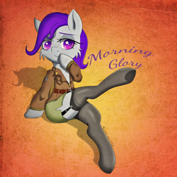 Size: 1080x1080 | Tagged: safe, artist:fajnyziomal, imported from derpibooru, oc, oc only, oc:morning glory (project horizons), pegasus, pony, bedroom eyes, belt, cheek fluff, clothes, colored pupils, commission, female, full body, garter belt, garters, gradient background, looking at you, mare, pegasus oc, pinup, raised hoof, raised leg, shirt, signature, sitting, skirt, smiling, smiling at you, solo, stockings, thigh highs, three quarter view, underhoof, wingless, zettai ryouiki